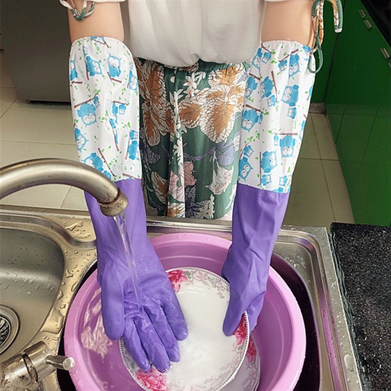 加绒皮手套防水冬季手套加棉胶手套加长带护袖女洗碗清洁家用手套