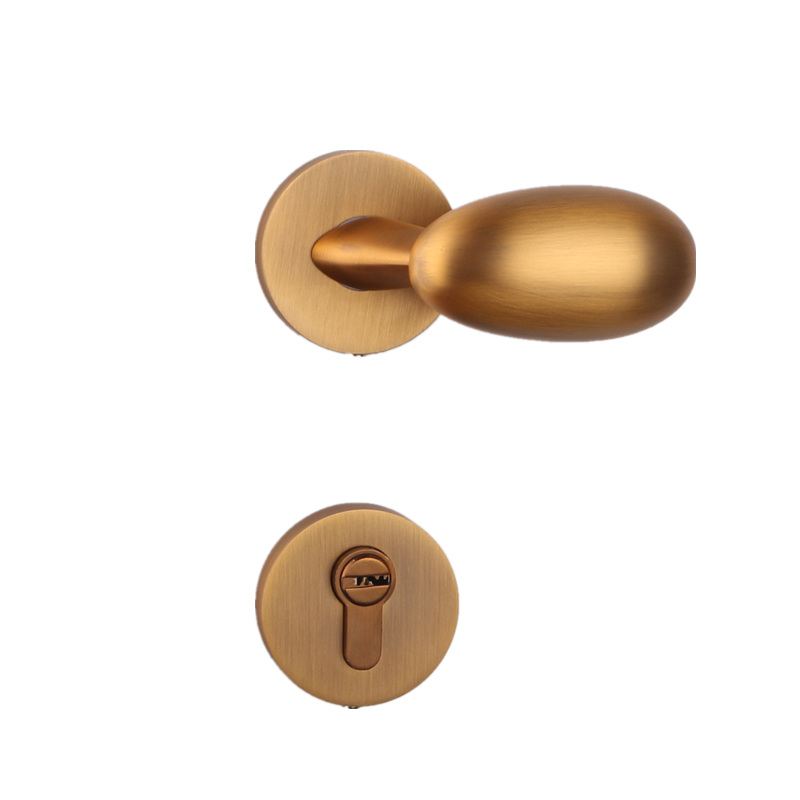 依佰利美式黄古铜门锁室内房门锁仿古鹅蛋形门把手亮金色静音门锁