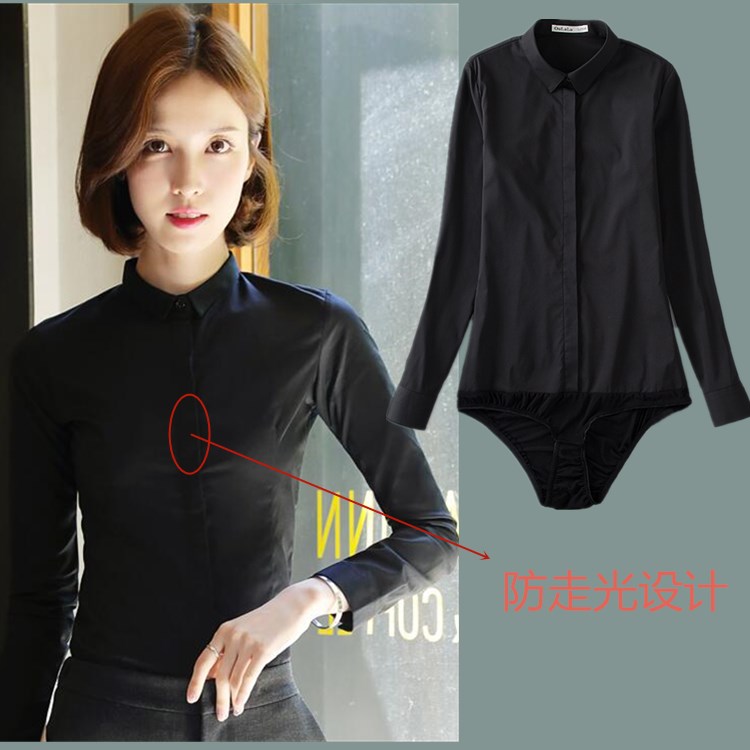 3厘米小领短袖白色连体衬衫女黑色连裤衬衣寸衫弹力修身职业工装