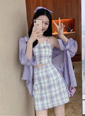 BM风小个子三件套2024年防晒套装女吊带裙子衬衫紫色夏季新款裙女