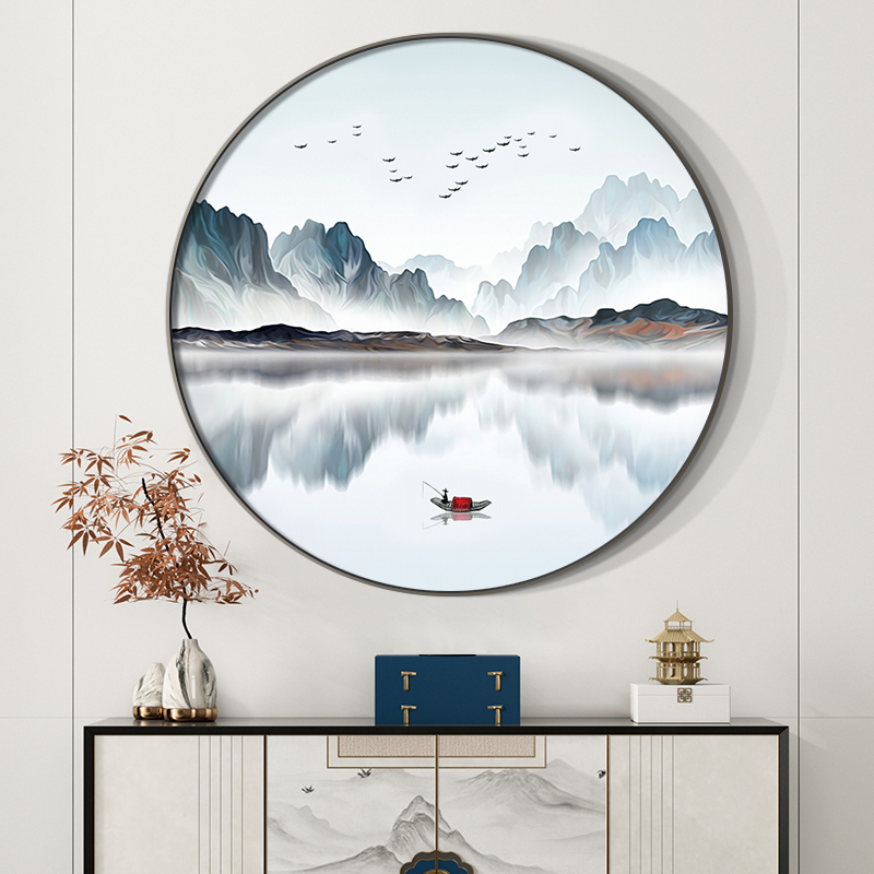 新中式玄关装饰画圆形山水画客厅沙发背景墙面壁画办公室茶室挂画图片