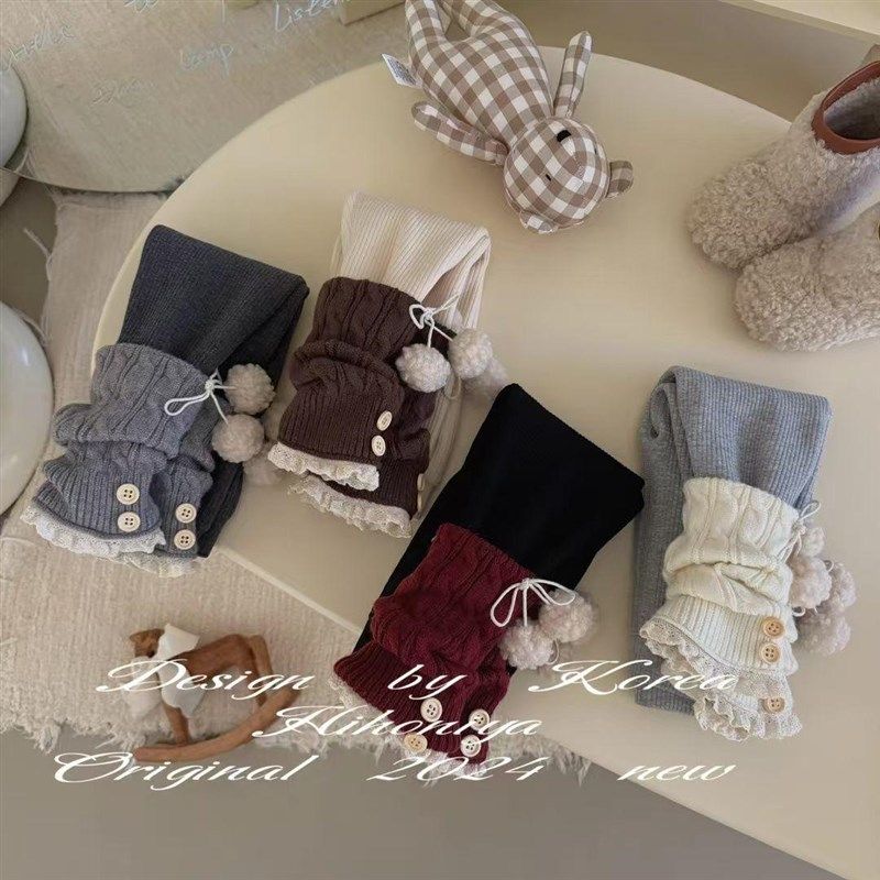 2024新款女童打底裤外穿拼接堆堆裤一体绒保暖花边蝴蝶结针织裤子