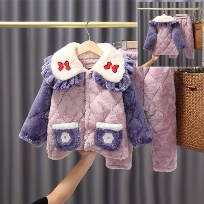 女童冬季宝宝超厚睡衣条纹套装三层加厚夹棉法兰绒女孩保暖家居服