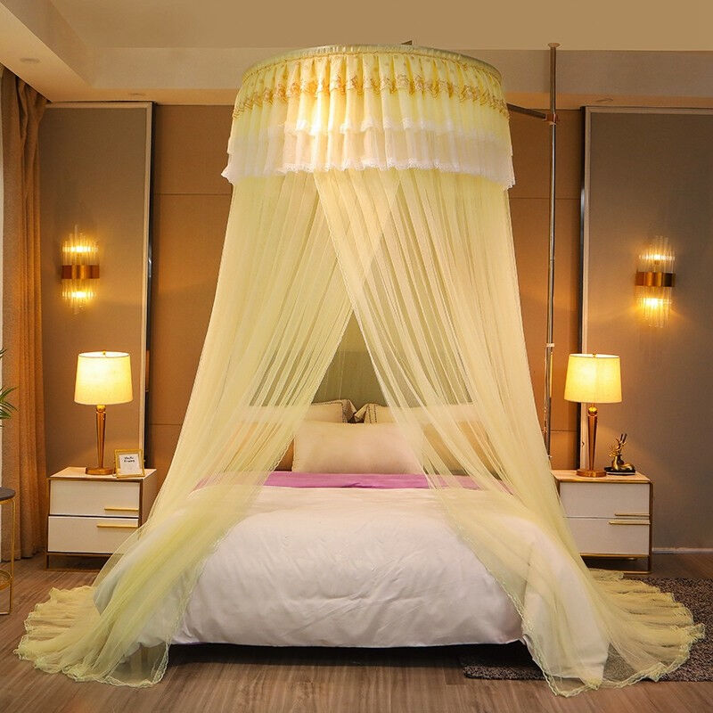 娜代尔天地杆蚊帐家用卧室方便拆洗吊顶式支架免安装折叠圆顶米黄