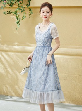 固执夏季新款欧式短袖中长蕾丝连衣裙30022LQ07025