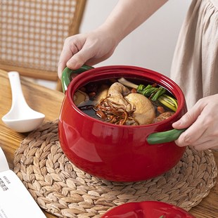 西红柿陶瓷双耳汤碗带盖家用嗦粉学生宿舍泡面碗螺蛳粉碗专用餐具