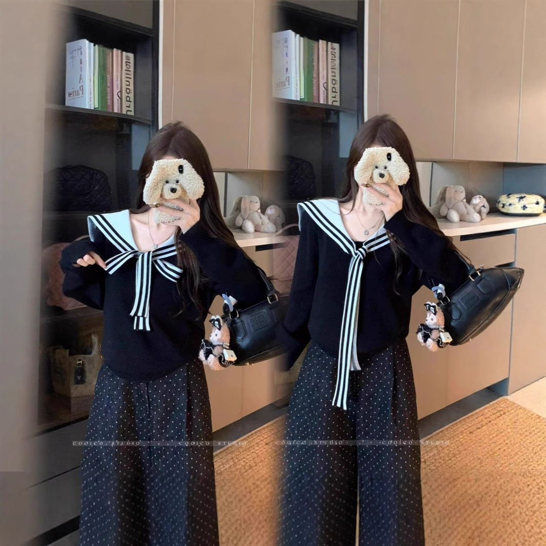 【我们俩】大码女装秋冬海军领针织衫胖妹妹学院风穿搭上衣毛衣