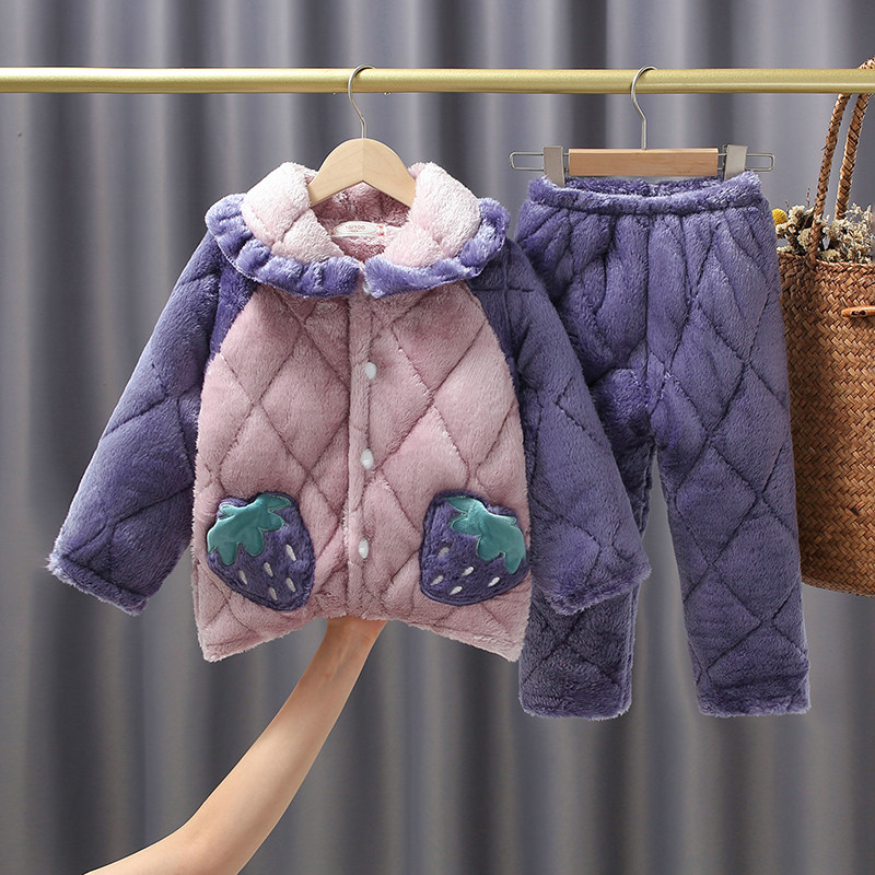 冬季新款女童睡衣套装三层加厚夹棉条纹法兰绒女孩宝宝保暖家居服