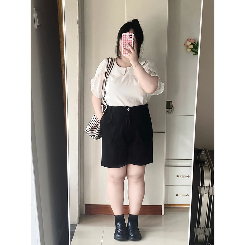 梨形身材胖mm黑色西装短裤女大码女装显瘦裤子高腰a字五分裤中裤