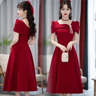 2024新款酒红色敬酒服新娘春秋结婚订婚回门晚礼服裙婚礼当天便服