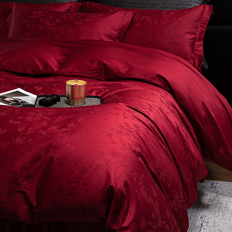 轻奢风婚庆四件套100S长绒棉提花被套酒红色纯棉床单结婚床上用品