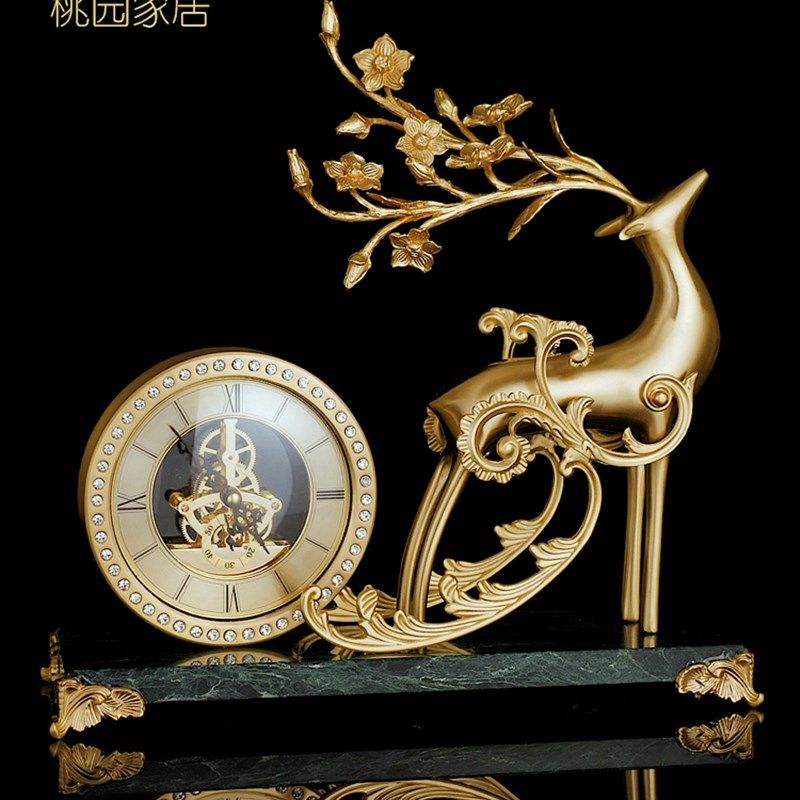 黄铜台钟欧式玄关客厅座钟家用别墅台式钟表纯铜鹿卧室书房钟摆件