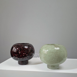 中古风红色绿色斑点球形花瓶摆件客厅插花玻璃高级感复古餐桌装饰