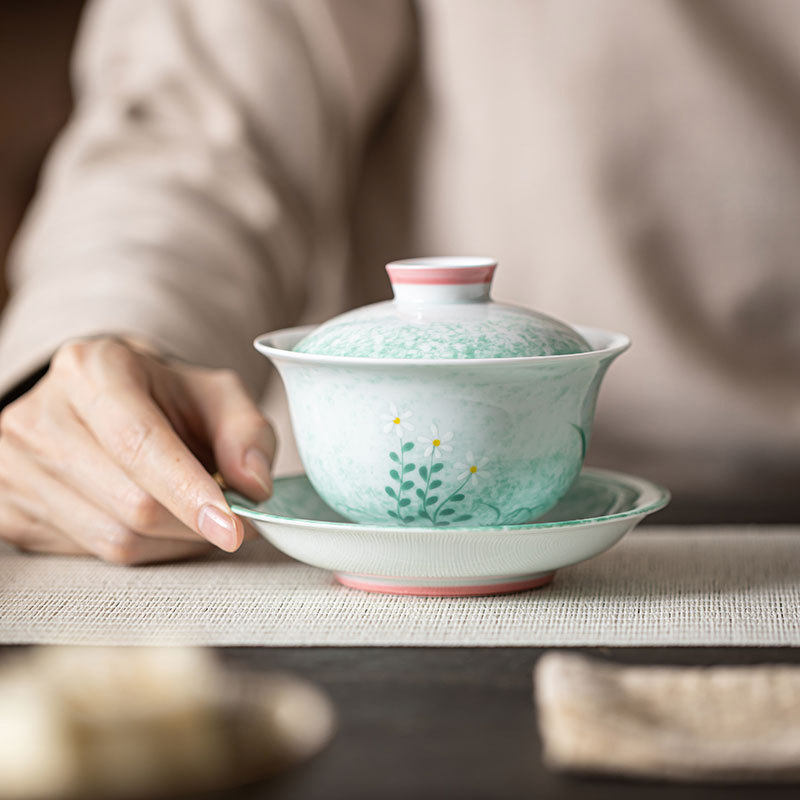 釉下彩手绘芦苇三才盖碗陶瓷茶杯手抓泡茶碗家用大号不烫手泡茶杯