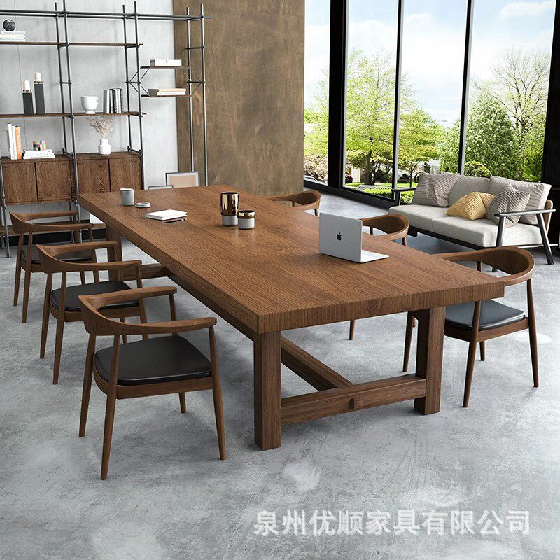 实木会议桌现代简约长桌原木大板桌办公室商用工作台6人8人洽谈桌