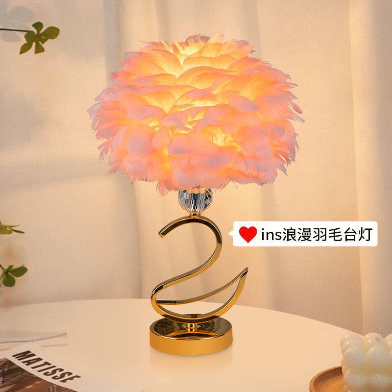 天鹅台灯羽毛卧室床头装饰轻奢摆件浪漫温馨法式奶油风婚房夜灯