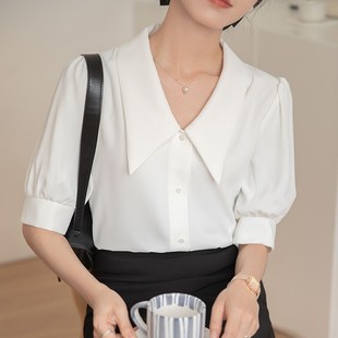 设计感上衣职业面试正装 白色短袖 轻熟法式 女夏季 v领雪纺衬衣 衬衫