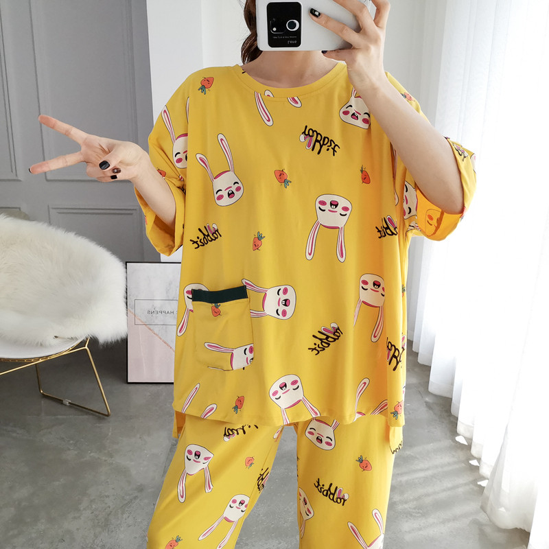 夏季加大码纯棉兔子睡衣女短袖七分裤套装宽松胖MM200斤家居服女