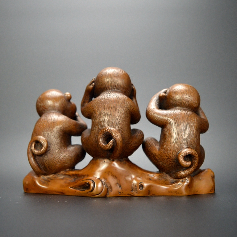 紫铜三不猴摆件铜猴子生肖礼品不听不看不说家居客厅办公桌摆设