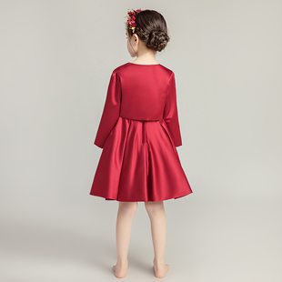 儿童晚礼服公主裙女童晚宴花童礼裙酒红色长袖主持人钢琴演出服秋