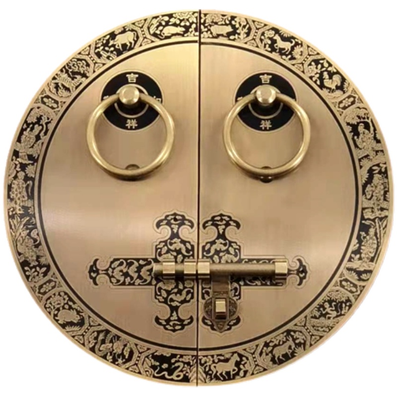 中式仿古大门门栓纯铜门环拉手老式把手复古木门插销圆形黄铜门锁