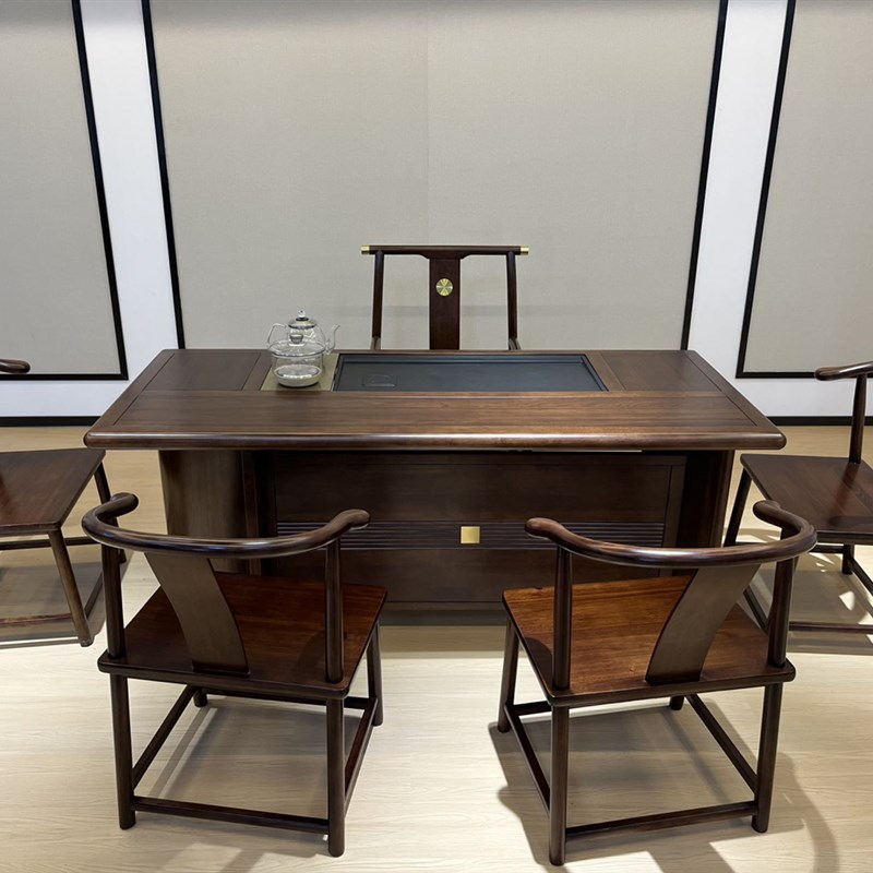 橡木实木新中式原木茶桌一体一整套简约家用大板整板办公室茶桌椅