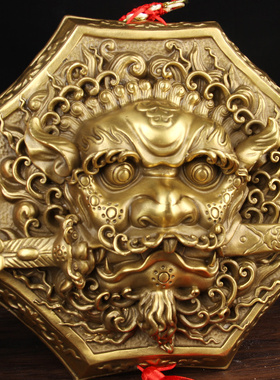 铜狮咬剑挂件 铜狮子挂件 虎头牌兽头 铜八角狮头摆件 铜睚眦摆件