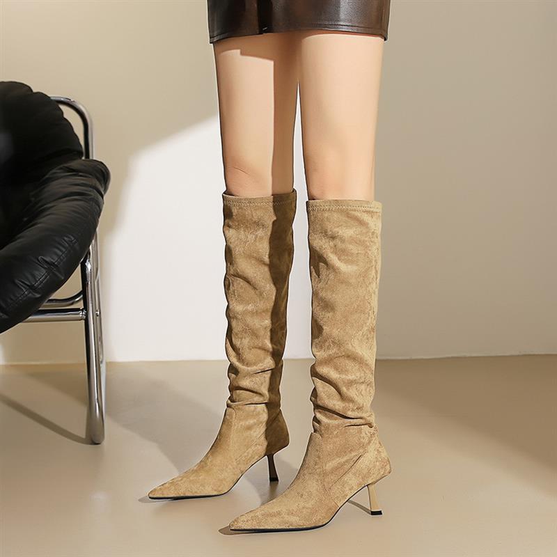 2025秋冬长筒靴高筒不过膝弹力长靴尖头细跟显瘦褶皱堆堆靴骑士靴