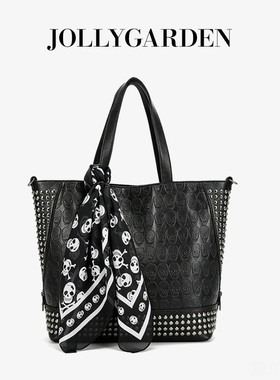 JOLLY GARDEN【丁语】时尚黑色铆钉朋克风托特包大容量水桶子母包