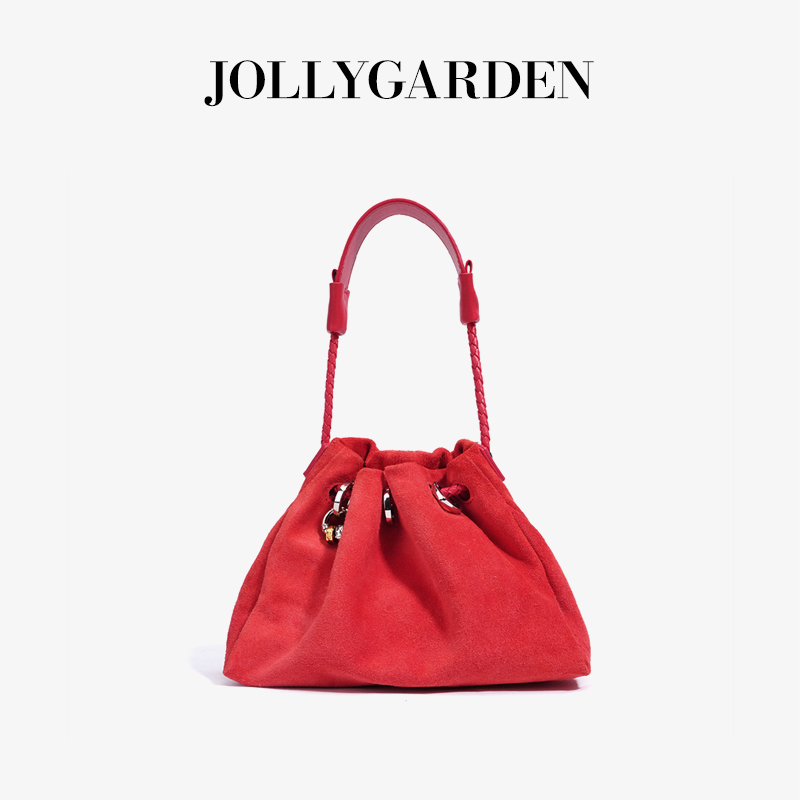 JOLLYGARDEN牛皮红色抽绳单肩包