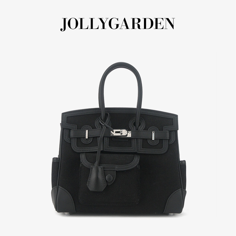 JOLLY GARDEN【渡风】新款牛皮拼帆布铂金包通勤大容量手提斜挎包,箱包皮具/热销女包/男包,通用款女包,淘宝优惠券,粉丝福利购,淘宝优惠卷