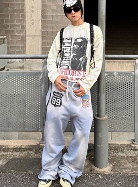 Vcatecx重磅410g微喇直筒印花休闲裤做旧慵懒卫裤美式长裤男女潮