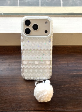 吉能虎新款蓝色费尔岛kitty适用于苹果17promax带毛球手机外壳iPhone16pro全包边防摔15/14/13保护套