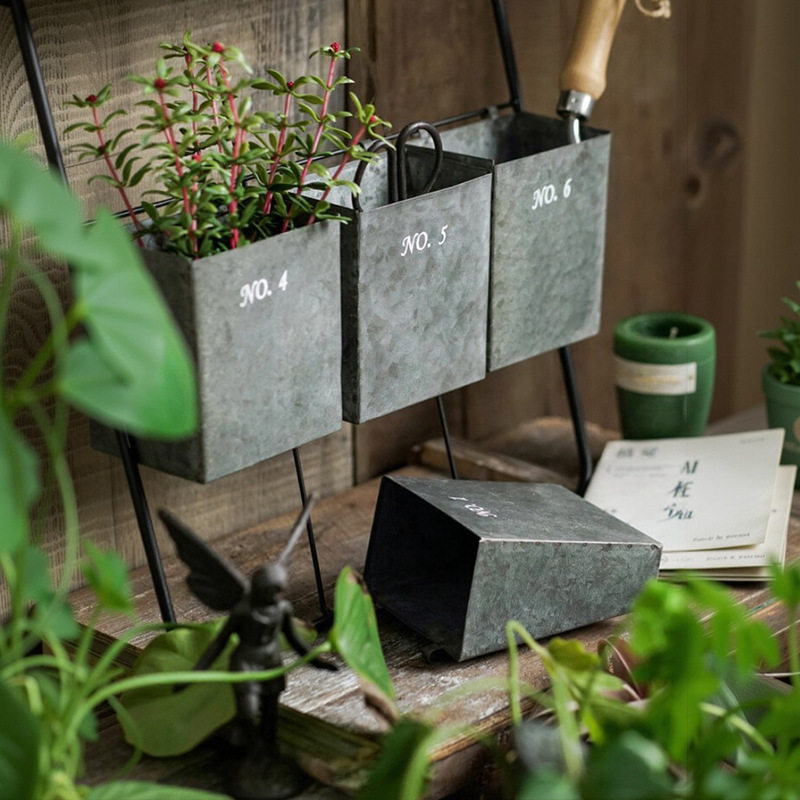 6个小铁皮桶园艺工具收纳层架花房花园復古铁艺墙上壁挂收纳器挂
