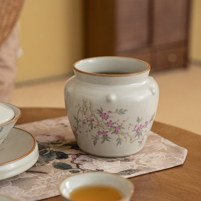 米黄汝窑陶瓷开片收废水茶渣缸家用茶杯洗水洗建水盂茶具茶道配件