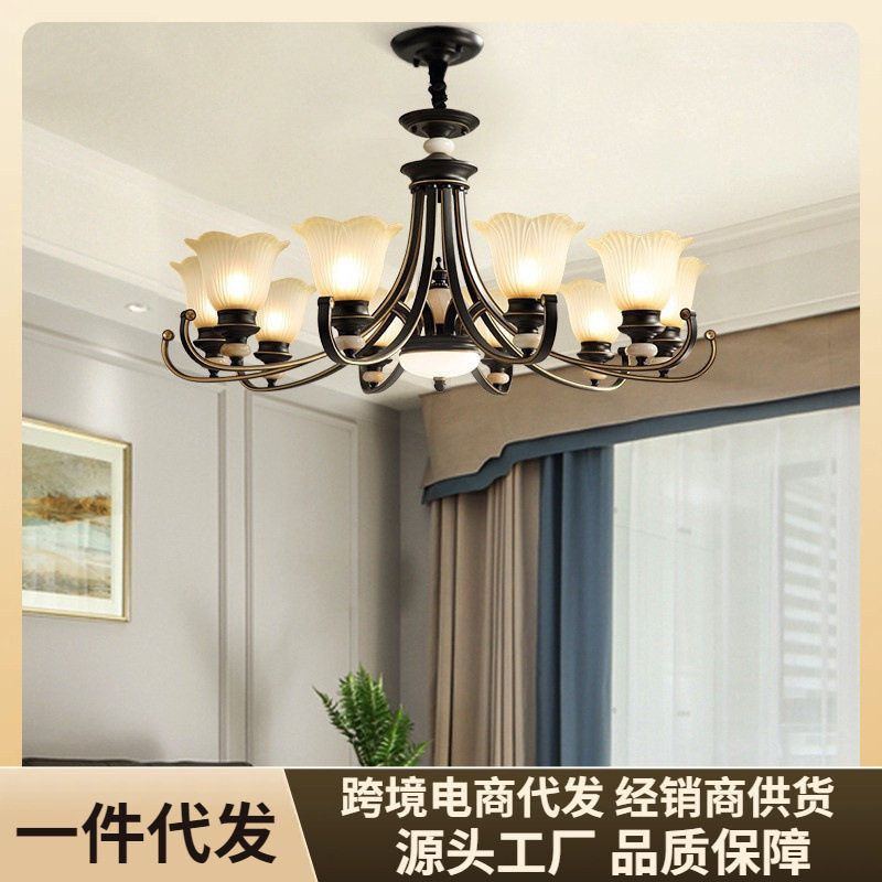 美式复古客厅吊灯乡村简约大气黑色铁艺简美风格餐厅卧室灯具直销