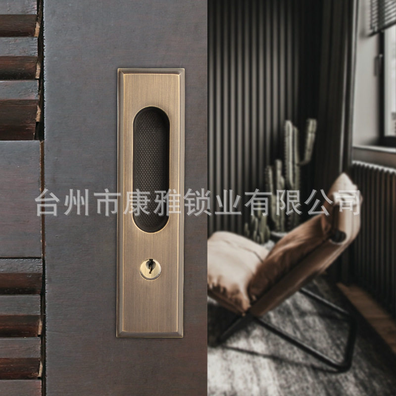 厂家批发 简约黄铜移门锁实木门把手 美式黑色推拉门门锁钩锁拉手