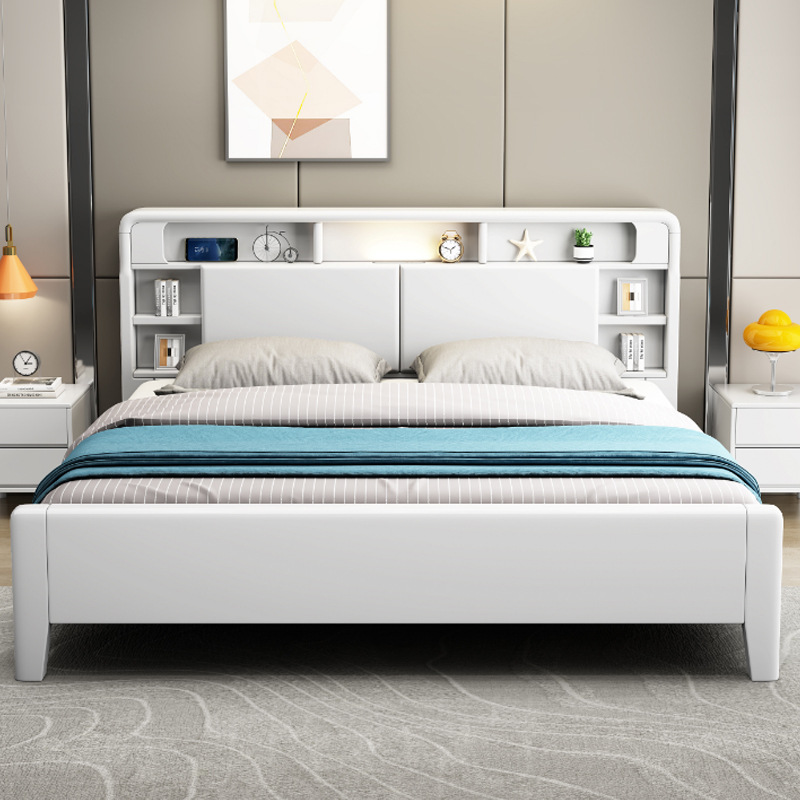 现代简约实木床1.8米双人床带夜灯1.5米经济型北欧白色高箱储物床