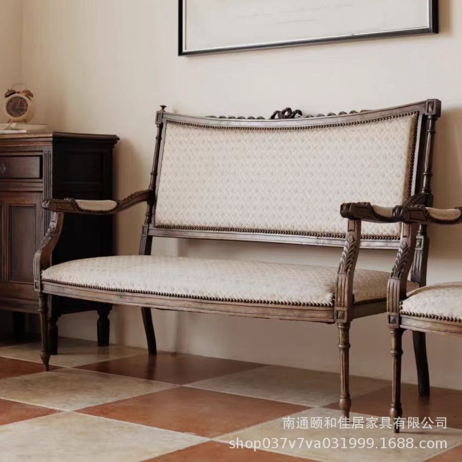 法式复古中国风实木雕花沙发椅美式新古典金色做旧印花宫廷休闲椅