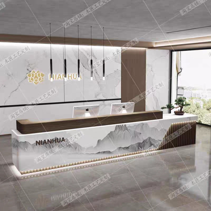 新中式公司前台接待台酒店会所培训机构吧台桌大理石美容院收银台