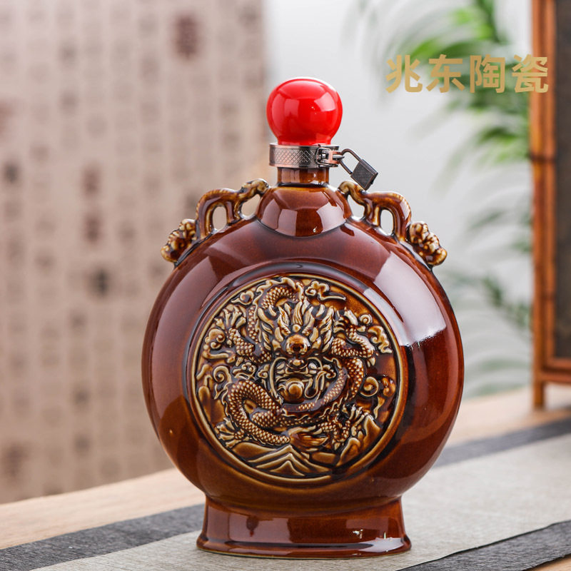 双耳仿古雕刻龙五斤装扁瓶陶瓷酒瓶酒壶窖藏酒坛子家用密封封坛