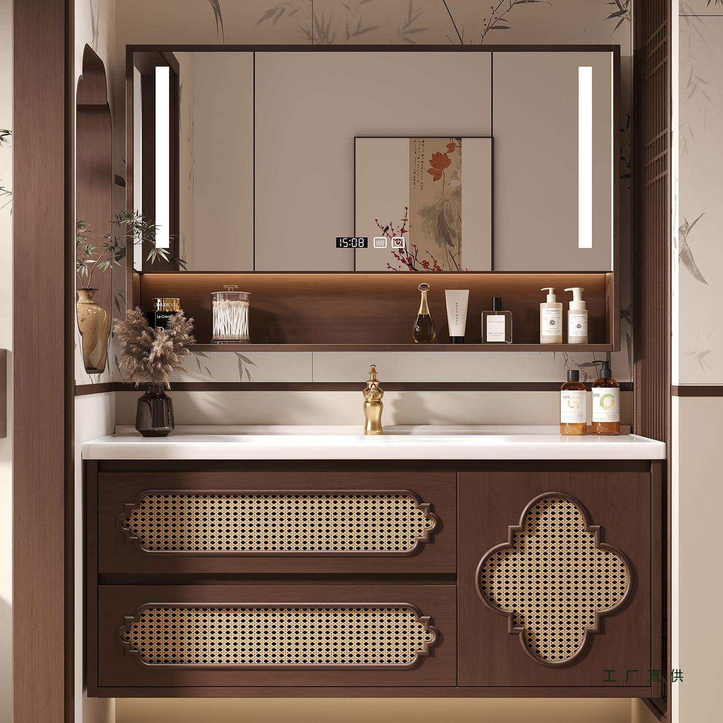 宋式美学藤编浴室柜中古风实木烤漆卫生间陶瓷一体盆洗手池洗漱台