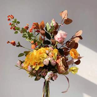 M196 咖黄系手札花束仿真花绢花假花批发欧式创意花束