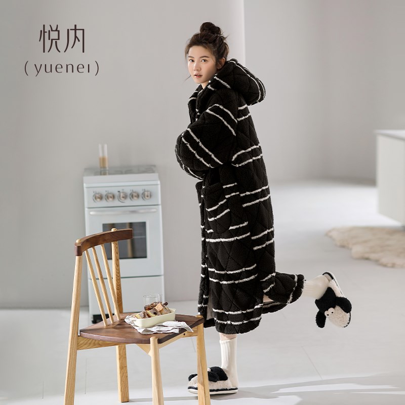 悦内睡袍女士睡衣睡裙秋冬季冬款冬天夹棉珊瑚绒加绒加厚大码长款