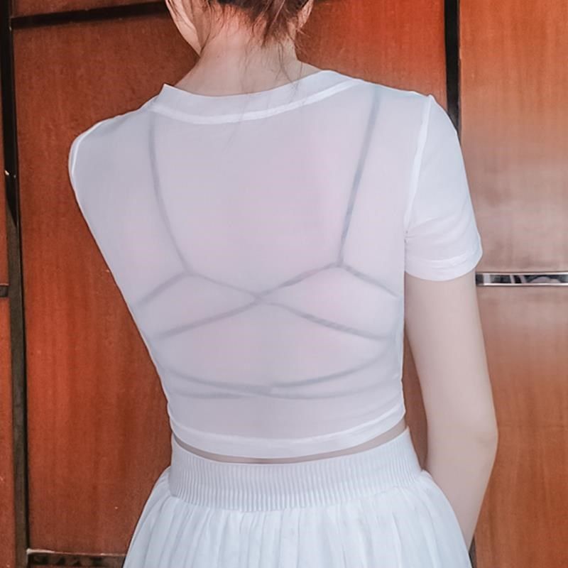 半截网纱打底衫女短袖罩衫纱衣紧身内搭裙子白色t恤蕾丝上衣薄款