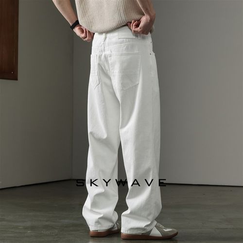 春夏季新款白色直筒牛仔裤男宽松大码高级设计感简约百搭休闲长裤