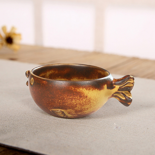 粗陶茶杯带把手主人杯单杯大号日式复古窑变陶瓷功夫茶具品茗杯子