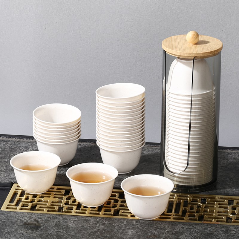 一次性功夫茶杯稻壳中式小号商用水杯子加厚带杯架防烫户外茶具