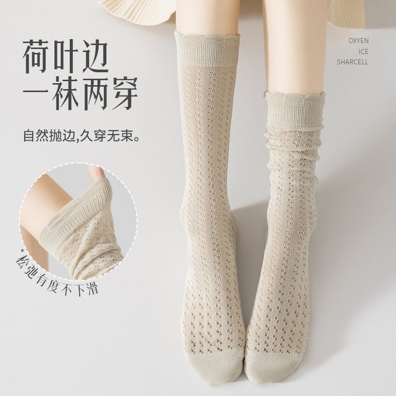 袜子女夏季薄款中筒袜纯棉网眼花边玛丽珍JK长袜堆堆夏天白色长筒