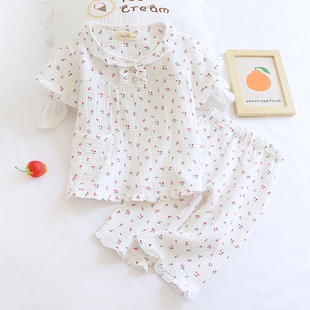 儿童夏薄透气纯棉起皱纱布短袖7分裤套头睡衣女童小清新家居服A类